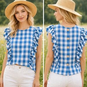 Entro Blue White Gingham Ruffle‎ Blouse Button Back Top Small S 18ptp Picnic
